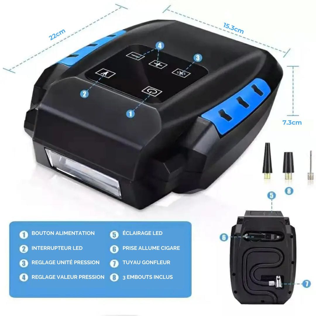 Gonfleur Pneus Voiture 12V Portable - Affichage Numérique - Arrêt Automatique - Lumière LED