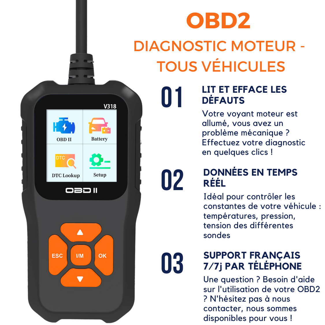 Boîtier de diagnostic OBD2 filaire avec écran M318 – lit et efface le  voyant moteur – OBD2 – Diagnostic automobile et voyant moteur